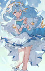 Rule 34 | 1girl, absurdres, blue dress, blue eyes, blue hair, blue sky, boots, breasts, cloud, cloudy sky, collarbone, cowboy shot, cure ange, day, dress, feathers, frills, hair between eyes, hair ornament, hat, heart pouch, highres, hugtto! precure, kozomezuki, long hair, looking at viewer, nurse, nurse cap, outdoors, precure, short sleeves, sky, small breasts, smile, two-tone dress, very long hair, white dress, white footwear, yakushiji saaya