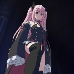 Rule 34 | 10s, 1girl, boots, highres, krul tepes, long hair, owari no seraph, pink hair, red eyes, screencap, solo, thigh boots, thighhighs, twintails