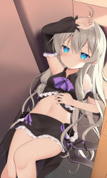 Rule 34 | 1girl, ahoge, arm up, black shirt, black skirt, blue eyes, blush, closed mouth, collared shirt, commentary request, couch, detached sleeves, feet out of frame, frilled shirt, frilled skirt, frilled sleeves, frills, grey hair, hair between eyes, indoors, long hair, long sleeves, looking at viewer, lying, navel, on back, on couch, puffy long sleeves, puffy sleeves, shirt, single detached sleeve, skirt, sleeveless, sleeveless shirt, sleeves past wrists, solo, soulworker, stella unibell, usagimiko, very long hair, wooden floor