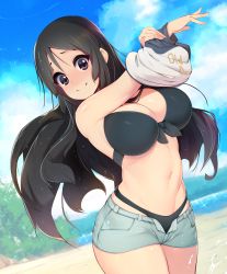 Rule 34 | 1girl, absurdres, akiyama mio, alternate breast size, armpits, arms up, bare shoulders, bikini, black bikini, black eyes, black hair, blue eyes, blush, breasts, cleavage, collarbone, day, highres, huge filesize, k-on!, large breasts, long hair, looking at viewer, navel, outdoors, short shorts, shorts, slugbox, solo, swimsuit