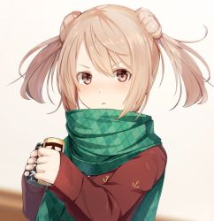 Rule 34 | 1girl, anchor print, blush, brown eyes, can, double bun, grey background, holding, holding can, light brown hair, looking at viewer, meth (emethmeth), original, red sweater, scarf, short hair, simple background, solo, sweater, twintails