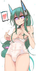 Rule 34 | 1girl, bad id, bad pixiv id, bare shoulders, borrowed character, breasts, breasts out, clothes down, clothes pull, covered navel, covering breasts, covering nipples, covering privates, cowboy shot, glasses, green hair, grin, hair between eyes, hair over breasts, headgear, heart, long hair, looking at viewer, low-tied long hair, medium breasts, menou kaname (taishi), nipple stimulation, nipple tweak, off shoulder, one-piece swimsuit, one-piece swimsuit pull, original, osuman toruko, purple eyes, see-through, simple background, smile, solo, speech bubble, spoken heart, standing, strap slip, swimsuit, very long hair, white background, white one-piece swimsuit