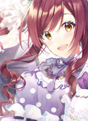 Rule 34 | 1girl, absurdres, blush, breasts, brown hair, chobo ume, commentary request, curly hair, dress, frilled dress, frills, gloves, hair between eyes, hair ornament, highres, idolmaster, idolmaster shiny colors, long hair, looking at viewer, maid, medium breasts, open mouth, osaki amana, patterned clothing, polka dot, polka dot dress, purple dress, smile, solo, teapot, upper body, yellow eyes