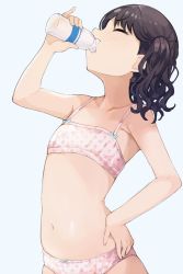 Rule 34 | 1girl, bad id, bad twitter id, bare arms, bare shoulders, black hair, blue background, bottle, bow, bow bra, bow panties, bra, chugging, closed eyes, collarbone, commentary request, drinking, flat chest, fukumaru koito, hand on own hip, highres, hiroki (yyqw7151), holding, holding bottle, idolmaster, idolmaster shiny colors, medium hair, midriff, milk, milk bottle, navel, panties, pink bra, pink panties, pinky out, polka dot, polka dot bra, polka dot panties, solo, spaghetti strap, twintails, underwear, underwear only