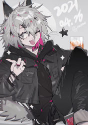 Rule 34 | 1girl, :3, absurdres, alternate hair length, alternate hairstyle, ambience synesthesia, animal ears, arknights, black hoodie, black jacket, black pants, bracelet, chain, circle, cup, dated, drinking glass, fang, finger gun, grey background, grey eyes, grey hair, highres, hood, hood down, hoodie, ice, ice cube, jacket, jewelry, lappland (arknights), crossed legs, long sleeves, looking at viewer, messy hair, multiple rings, official alternate costume, one eye closed, open mouth, pants, ring, short hair, simple background, sitting, solo, sparkle, star (symbol), symbol-only commentary, tail, taowu (20809), twitter username, wolf ears, wolf tail