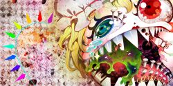 Rule 34 | 1girl, abstract, acid trip, album cover, anhiru, bad id, bad pixiv id, blonde hair, blue eyes, branch, cover, female focus, fingernails, flandre scarlet, fork, jewelry, middle finger, nail, open mouth, piercing, red eyes, ring, skull, slime (substance), solo, surreal, tears, teeth, tongue, tongue piercing, touhou, uvula, what