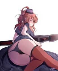 Rule 34 | 10s, 1girl, ass, black panties, blush, breasts, brown hair, commentary, curvy, drum magazine, flight deck, from behind, highres, jay87k, kantai collection, large breasts, long hair, looking at viewer, looking back, magazine (weapon), open mouth, panties, purple eyes, red thighhighs, saratoga (kancolle), solo, thick thighs, thighhighs, thighs, underwear, wide hips