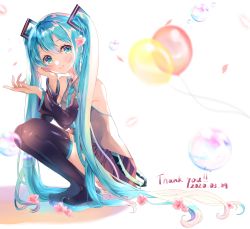Rule 34 | 1girl, 39, aqua eyes, aqua hair, aqua necktie, bad id, bad pixiv id, balloon, bare shoulders, black skirt, black sleeves, black thighhighs, blurry, blurry background, boots, cherry blossoms, commentary, dated, detached sleeves, falling petals, flower, from side, full body, glowing, glowing petals, grey shirt, hair ornament, hand on own face, hatsune miku, highres, long hair, looking to the side, necktie, outstretched hand, petals, shirt, skirt, sleeveless, sleeveless shirt, solo, squatting, thank you, thigh boots, thighhighs, totomachokori, twintails, very long hair, vocaloid, white background