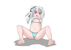Rule 34 | 1girl, aqua bikini, arm support, arms behind back, bare shoulders, barefoot, bikini, black ribbon, blush, breasts, collarbone, cum, cum on body, cum on breasts, cum on upper body, embarrassed, feet, female focus, full body, hair ribbon, highres, kantai collection, kasumi (kancolle), looking down, mikomo, nose blush, open mouth, orange eyes, ribbon, shiny skin, side ponytail, silver hair, simple background, sitting, small breasts, solo, spread legs, striped bikini, striped clothes, sweat, swimsuit, textless version, white background