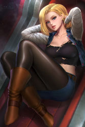 Rule 34 | 1girl, android 18, arms behind head, black shirt, blonde hair, blue eyes, boots, breasts, brown footwear, collarbone, dragon ball, dragonball z, light particles, lips, looking at viewer, medium breasts, midriff, neoartcore, pantyhose, parted lips, shirt, short hair, short shorts, shorts, solo, sunlight, tank top, torn clothes