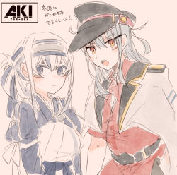 Rule 34 | 2girls, ainu clothes, belt, blue eyes, blush, breasts, facial scar, gangut (kancolle), grey hair, hair between eyes, hat, headband, itomugi-kun, jacket, jacket on shoulders, japanese clothes, kamoi (kancolle), kantai collection, large breasts, long hair, long sleeves, looking at viewer, military, military hat, military jacket, military uniform, multiple girls, naval uniform, open mouth, peaked cap, red eyes, red shirt, scar, scar on cheek, scar on face, shirt, simple background, translated, uniform, white hair