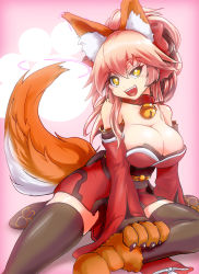 Rule 34 | 1girl, animal ears, animal hands, bell, blush stickers, breasts, cleavage, collar, fate/grand order, fate (series), fox ears, fox tail, graphite (medium), hair ribbon, highres, kiyukisuke, large breasts, long hair, looking at viewer, mechanical pencil, neck bell, nib pen (medium), open mouth, pencil, pink hair, ribbon, sitting, solo, tail, tamamo (fate), tamamo cat (fate), tamamo no mae (fate/extra), traditional media, yellow eyes