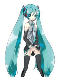 Rule 34 | 1girl, aqua hair, black thighhighs, clothes lift, detached sleeves, flashing, hair between eyes, hatsune miku, long hair, no panties, open mouth, pussy, skirt, skirt lift, solo, thighhighs, twintails, very long hair, vocaloid