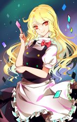 Rule 34 | 100th black market, 1girl, absurdres, apron, black dress, blonde hair, blue background, bow, buttons, card, card (medium), commentary, dress, hair between eyes, highres, holding, holding card, kirisame marisa, long hair, looking at viewer, maid, maid apron, multicolored buttons, purple background, raptor7, red bow, red eyes, shirt, smile, touhou, white apron, white shirt