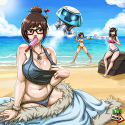 Rule 34 | 3girls, 7th-heaven, barefoot, beach, beads, bikini, bikini under clothes, blush, breasts, brown eyes, brown hair, cameltoe, choker, cleavage, cleavage reach, coat, crop top, cutoffs, d.va (overwatch), day, dual wielding, facial mark, food, fur coat, glasses, goggles, hair bun, hair ornament, hair stick, headphones, highres, holding, hot, ice cream, jewelry, large breasts, long hair, looking at viewer, mei (overwatch), mole, mole under eye, multiple girls, navel, necklace, overwatch, overwatch 1, plump, popsicle, robot, short hair, short shorts, shorts, side-tie bikini bottom, single hair bun, sitting, snorkel, snowball (overwatch), strapless, swimsuit, swimsuit under clothes, tank top, tracer (overwatch), tube top, undressing, water gun, wet, whisker markings