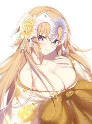 Rule 34 | 1girl, blonde hair, breasts, cleavage, fate/apocrypha, fate (series), flower, hair flower, hair ornament, headdress, jeanne d&#039;arc (fate), jeanne d&#039;arc (ruler) (fate), looking at viewer, miko (royal milk), obi, purple eyes, sash, simple background, sleeves past wrists, smile, solo, very long sleeves, white background