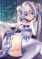 Rule 34 | 1girl, aqua eyes, ass, bow, breasts, china dress, chinese clothes, cleavage, closed mouth, double bun, dress, elbow gloves, gloves, hair bow, hair bun, highres, lips, long hair, medium breasts, original, panties, short sleeves, side-tie panties, side slit, silver hair, smile, solo, string panties, tanihara natsuki, thighhighs, thighs, twintails, underwear, white gloves