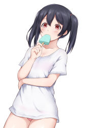 Rule 34 | 1girl, black hair, blush, breasts, chocolate mint, cleavage, commentary request, cowboy shot, dutch angle, food, food in mouth, hair between eyes, hair tie, highres, hitotsuki no yagi, holding, holding food, looking at viewer, love live!, love live! school idol project, medium hair, mint chocolate, no pants, panties, pantyshot, pink panties, popsicle, red eyes, shirt, short sleeves, sidelocks, simple background, small breasts, solo, standing, twintails, underwear, white background, white shirt, yazawa nico