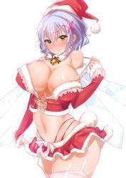 Rule 34 | 10s, 1girl, amagi brilliant park, bad id, bad pixiv id, bare shoulders, blue hair, blush, breasts, cowboy shot, crop top, detached sleeves, front-tie top, full-face blush, fur collar, garter straps, green eyes, hair ornament, hat, highres, large breasts, looking at viewer, microskirt, muse (amaburi), navel, parted lips, pink thighhighs, rabbit tail, santa costume, santa hat, shiny skin, short hair, simple background, skindentation, skirt, solo, strap gap, strap pull, tail, thighhighs, white background, wings, yaman (yamanta lov)