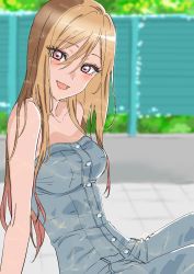 Rule 34 | :d, arm support, blonde hair, blue pants, blush, breasts, buttons, colored tips, eyelashes, fence, highres, kitagawa marin, looking at viewer, medium breasts, multicolored hair, open mouth, overalls, pants, pink hair, red eyes, sitting, smile, solo, sono bisque doll wa koi wo suru, straight hair, strapless, tamura satomi, two-tone hair, wet
