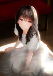 Rule 34 | 1girl, absurdres, blurry, blurry background, blush, brown hair, dark room, dress, expressionless, foot out of frame, hair over shoulder, hand on own foot, highres, indoors, looking at viewer, medium hair, ojay tkym, orange eyes, original, parted lips, resolution mismatch, short sleeves, sidelocks, sitting, solo, source smaller, sundress, sunlight, swept bangs, white dress