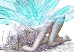Rule 34 | 1girl, absurdres, ass, breasts, completely nude, elf, fairy, fairy wings, fantasy, green eyes, highres, kein hasegawa, long hair, multiple wings, nude, original, pointy ears, small breasts, smile, tattoo, thighs, top-down bottom-up, very long hair, white hair, wings