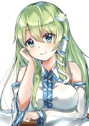 Rule 34 | 1girl, arm rest, blue eyes, blush, breasts, closed mouth, commentary request, detached sleeves, frog hair ornament, green hair, hair between eyes, hair ornament, hair tubes, hand on own cheek, hand on own face, head rest, head tilt, highres, kochiya sanae, large breasts, long hair, looking at viewer, ore-artstudio, shirt, sidelocks, simple background, sitting, sleeveless, sleeveless shirt, smile, snake hair ornament, solo, table, touhou, white background, white shirt, wide sleeves