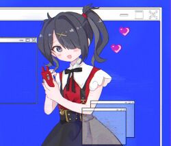 Rule 34 | 1girl, :d, ame-chan (needy girl overdose), black hair, black ribbon, black skirt, blue background, collared shirt, commentary, cowboy shot, hair ornament, hair over one eye, hands up, heart, holding, holding phone, kabe (zp66104), long hair, looking at viewer, neck ribbon, needy girl overdose, open mouth, phone, red shirt, ribbon, shirt, skirt, smile, solo, standing, suspender skirt, suspenders, symbol-only commentary, twintails, window (computing), x hair ornament