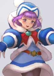 Rule 34 | 1girl, beanie, belt, blue coat, blue dress, blue gloves, blue hat, blush, bow, brown pantyhose, coat, dress, fate/grand order, fate/grand order arcade, fate (series), fur-trimmed coat, fur-trimmed dress, fur trim, gloves, hat, helena blavatsky (christmas) (fate), helena blavatsky (fate), highres, hood, hooded coat, large bow, long sleeves, looking at viewer, open clothes, open coat, open mouth, otsukemono, outstretched arms, pantyhose, purple eyes, purple hair, red bow, short hair, simple background, smile, solo