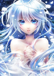 Rule 34 | 1girl, bad id, bad pixiv id, beads, blue eyes, blue hair, collarbone, eyes visible through hair, female focus, hair between eyes, interlocked fingers, lips, long hair, looking at viewer, matching hair/eyes, original, own hands clasped, own hands together, parted lips, silver hair, solo, topless, topless frame, ueno tsuki, upper body, very long hair