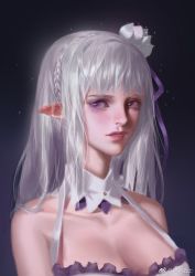 Rule 34 | 10s, 1girl, bare shoulders, braid, breasts, cleavage, collar, detached collar, emilia (re:zero), expressionless, flower, hair flower, hair ornament, halterneck, large breasts, lips, long hair, looking at viewer, nose, parted lips, pointy ears, purple eyes, re:zero kara hajimeru isekai seikatsu, solo, upper body, watermark, white background, white collar, white flower, y xun