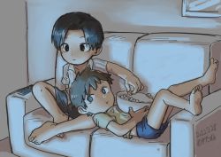 Rule 34 | 2boys, :t, barefoot, black hair, black shorts, blue shorts, bowl, child, controller, couch, dated, eating, feet, food, highres, lying, male focus, mesotane, multiple boys, original, parted bangs, popcorn, remote control, shirt, short hair, shorts, sitting, watching television