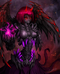 Rule 34 | 1girl, black sclera, black skin, colored sclera, colored skin, commentary, cyborg, demon girl, demon horns, demon wings, english commentary, glowing, glowing eyes, grin, hand on own chest, highres, horns, kookrite, looking at viewer, original, red eyes, red hair, science fiction, short hair, signature, smile, solo, wings