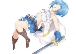 Rule 34 | 10s, 1girl, :p, adapted costume, alternate costume, amazarash1, bare shoulders, belt, blue eyes, blue hair, boots, cape, dual wielding, fortissimo, gloves, hair ornament, hairclip, highres, holding, magical girl, mahou shoujo madoka magica, mahou shoujo madoka magica (anime), matching hair/eyes, midriff, miki sayaka, musical note, musical note hair ornament, short hair, simple background, solo, soul gem, sword, tongue, tongue out, weapon, white background