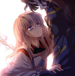 Rule 34 | 2boys, arrow in body, bags under eyes, black hair, closed mouth, electricity, from side, hakudoushi, height difference, inuyasha, japanese clothes, light brown hair, long hair, male focus, multiple boys, naraku (inuyasha), purple hair, smile, sweat, upper body, wavy hair, wide sleeves, yetworldview kaze