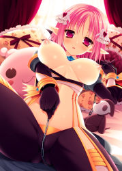 Rule 34 | 1girl, :o, bed, blush, breasts, chain, curtains, female focus, gloves, hair ornament, large breasts, looking at viewer, lying, minatsuki alumi, nipples, no bra, on back, open clothes, pillow, pink eyes, pink hair, pointy ears, ragnarok online, solo, stuffed animal, stuffed toy, sunlight, warlock (ragnarok online)