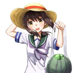 Rule 34 | 10s, 1girl, ame., arm behind head, arm up, bag, brown eyes, brown hair, dress, food, fruit, fubuki (kancolle), hat, kantai collection, long hair, looking at viewer, open mouth, plastic bag, ponytail, sailor dress, school uniform, serafuku, simple background, smile, solo, sun hat, watermelon, white background