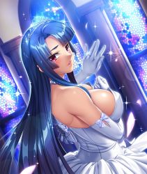 Rule 34 | 1girl, bare shoulders, blue hair, blush, breasts, bride, cleavage, covered erect nipples, curvy, dress, female focus, happy, highres, jewelry, kagami hirotaka, large breasts, lilith-soft, long hair, looking at viewer, looking back, makeup, nipples, red eyes, ring, shiny skin, smile, solo, standing, taimanin (series), taimanin asagi, taimanin asagi kessen arena, tearing, tears, wedding dress, yatsu murasaki