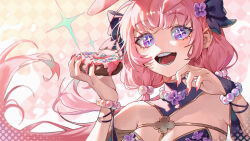 Rule 34 | + +, 1girl, :d, absurdres, bare shoulders, bead bracelet, beads, bracelet, commentary, commission, doughnut, food, hands up, highres, holding, holding food, jewelry, long hair, looking at viewer, nail polish, open mouth, original, pink hair, pink nails, pixiv commission, purple eyes, smile, solo, sssong aa, upper body, very long hair