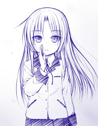 Rule 34 | 1girl, angel beats!, blazer, blush, brooch, collared shirt, commentary request, gradient background, grey background, hand to own mouth, hand up, haryuu (poetto), highres, jacket, jewelry, long hair, long sleeves, looking at viewer, neck ribbon, parted bangs, parted lips, pleated skirt, purple theme, ribbon, school uniform, shirt, skirt, solo, tenshi (angel beats!), very long hair, white background