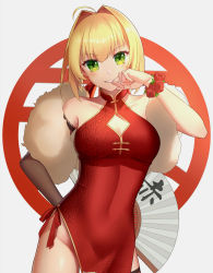 Rule 34 | 1girl, ahoge, black thighhighs, blonde hair, breasts, china dress, chinese clothes, chinese commentary, cleavage cutout, clothing cutout, collarbone, commentary request, contrapposto, covered navel, dress, fate/grand order, fate (series), fine fabric emphasis, flower, folding fan, green eyes, grin, hair intakes, halterneck, hand fan, hand on own hip, hand to own mouth, head tilt, highres, kojo (0124), legs apart, looking at viewer, medium breasts, nero claudius (fate), nero claudius (fate) (all), nero claudius (fate/extra), no panties, paper fan, rose, short hair, smile, solo, standing, teeth, thighhighs, wrist flower