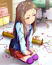 Rule 34 | 10s, 1girl, artist request, blue shirt, book, bookshelf, box, brown eyes, brown hair, cardboard box, chair, clock, collared shirt, confetti, corded phone, desk, dress shirt, frown, hands on lap, idolmaster, idolmaster cinderella girls, idolmaster cinderella girls starlight stage, indoors, keyboard (computer), koseki reina, long hair, long sleeves, looking away, miniskirt, monitor, mouse (computer), mousepad (object), necktie, office, office chair, official art, on floor, over-kneehighs, party popper, phone, plaid, plaid skirt, pleated skirt, purple eyes, purple necktie, purple thighhighs, red skirt, safety pin, seiza, shirt, shoes, sitting, skirt, sneakers, solo, streamers, striped clothes, striped necktie, striped neckwear, striped thighhighs, sweatdrop, sweater vest, swivel chair, thighhighs, tile floor, tiles