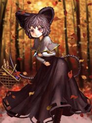 Rule 34 | 1girl, animal ears, basket, blurry, blush, boots, bread, capelet, colored eyelashes, cross-laced footwear, dress, food, grey dress, grey hair, grin, highres, jewelry, kikimifukuri, lace-up boots, leaf, long sleeves, looking at viewer, mouse ears, mouse tail, nature, nazrin, necklace, red eyes, short hair, smile, solo, tail, touhou, tree