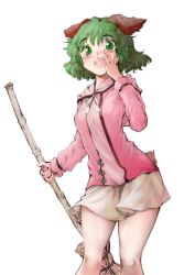 Rule 34 | :d, adapted costume, animal ears, bamboo broom, blush, broom, cowboy shot, dog ears, dog tail, geppewi, green eyes, green hair, kasodani kyouko, long sleeves, looking at viewer, miniskirt, open mouth, pink shirt, shirt, short hair, skirt, smile, solo, tail, touhou, white background, white skirt