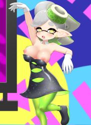 Rule 34 | + +, 1girl, absurdres, black dress, black footwear, blush, breasts, collar, domino mask, dress, earrings, gloves, green hair, green pantyhose, hair ornament, highres, jewelry, large breasts, looking at viewer, marie (splatoon), mask, multicolored hair, nintendo, nipples, open mouth, pantyhose, pero (pero7762), pointy ears, short hair, silver hair, solo, splatoon (series), splatoon 1, standing, standing on one leg, strapless, teeth, thick eyebrows, two-tone hair, upper teeth only, wardrobe malfunction, white gloves, yellow eyes