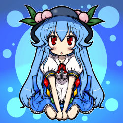 Rule 34 | 1girl, blue hair, blush, bow, bubble, eruru (erl), female focus, food, fruit, hat, highres, hinanawi tenshi, long hair, looking at viewer, open mouth, peach, puffy sleeves, red eyes, shirt, short sleeves, sitting, skirt, solo, touhou, v arms, very long hair