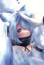 Rule 34 | 1girl, azur lane, bare shoulders, blush, breasts, cleavage, closed mouth, commander (azur lane), commentary request, criss-cross halter, hair over one eye, halterneck, hat, headpat, highres, kiev (azur lane), koa (koh a), red eyes, tagme, white hair