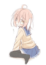 Rule 34 | 1girl, ahoge, ayanepuna, black thighhighs, blue sailor collar, blue skirt, blush, brown eyes, brown hair, cardigan, closed mouth, crying, crying with eyes open, hair between eyes, hair ornament, hair ribbon, head tilt, highres, long sleeves, looking at viewer, looking to the side, no shoes, one eye closed, original, pleated skirt, ribbon, sailor collar, school uniform, serafuku, sitting, sketch, skirt, solo, tears, thighhighs, wariza, wavy mouth, white background, white ribbon, yune (ayanepuna)