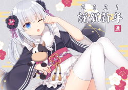 Rule 34 | 1girl, 2021, ;o, apron, black kimono, blue eyes, character request, chinese zodiac, commentary request, egasumi, feet out of frame, floral background, frilled apron, frills, grey background, hair between eyes, hair ornament, hitsuki rei, japanese clothes, kimono, kneehighs, knees together feet apart, long hair, long sleeves, looking at viewer, maid, obi, one eye closed, open mouth, sash, silver hair, snowdreams -lost in winter-, socks, solo, stuffed cow, thighhighs, translation request, very long hair, wa maid, waist apron, white apron, white socks, white thighhighs, wide sleeves, year of the ox