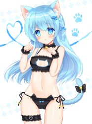 Rule 34 | 1girl, :o, animal ear fluff, animal ears, bare shoulders, bell, black bra, black panties, blue eyes, blue hair, blush, bra, braid, cat cutout, cat ear panties, cat ears, cat girl, cat lingerie, cat tail, cleavage cutout, clothing cutout, commentary request, fish hair ornament, frilled bra, frilled panties, frills, hair between eyes, hair ornament, highres, jingle bell, long hair, looking at viewer, meme attire, navel, neck bell, original, panties, parted lips, paw pose, shikito (yawa0w0), side-tie panties, simple background, solo, standing, tail, underwear, underwear only, very long hair, white background, wrist cuffs